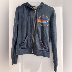 Aviator Nation Zip-Up Hoodie –Manhattan Beach CA Logo Dark Gray, Rainbow Details